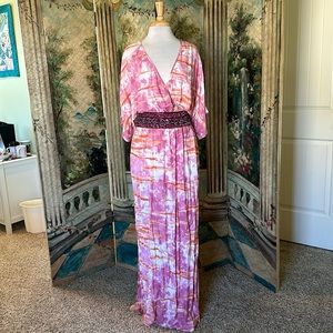 “Knox Rose” sunset print kimono sleeve dress with back tie and elastic waist